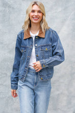 Load image into Gallery viewer, CORDUROY COLLAR BUTTON DOWN DENIM JACKET