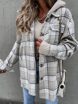 Hooded Checkered Long-Sleeved Shacket