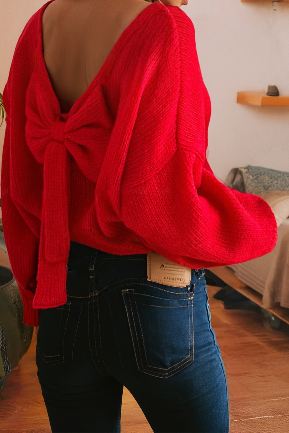 Bow Backless Bubble Sleeve Festive Sweater