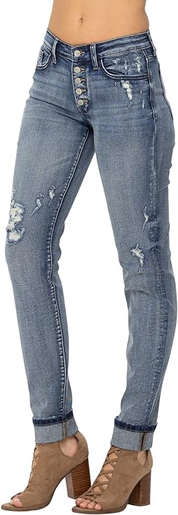 Mid Rise Button Fly Contrast Wash and Cuff BF Jean