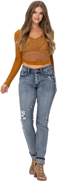 Mid Rise Button Fly Contrast Wash and Cuff BF Jean