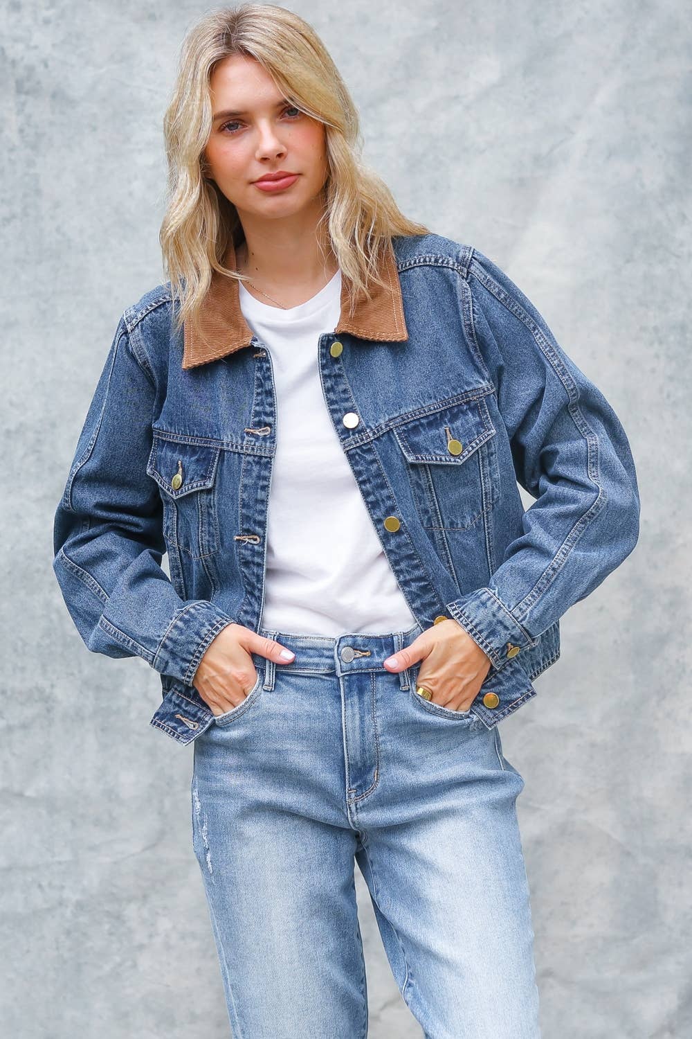 CORDUROY COLLAR BUTTON DOWN DENIM JACKET