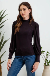Mock Neck Long Sleeve Back Button Knit Top