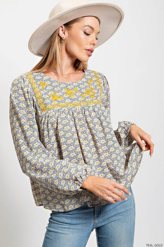 SOFT WOODOBBY PRINTED EMB YORK BUBBLE SLEEVES TOP