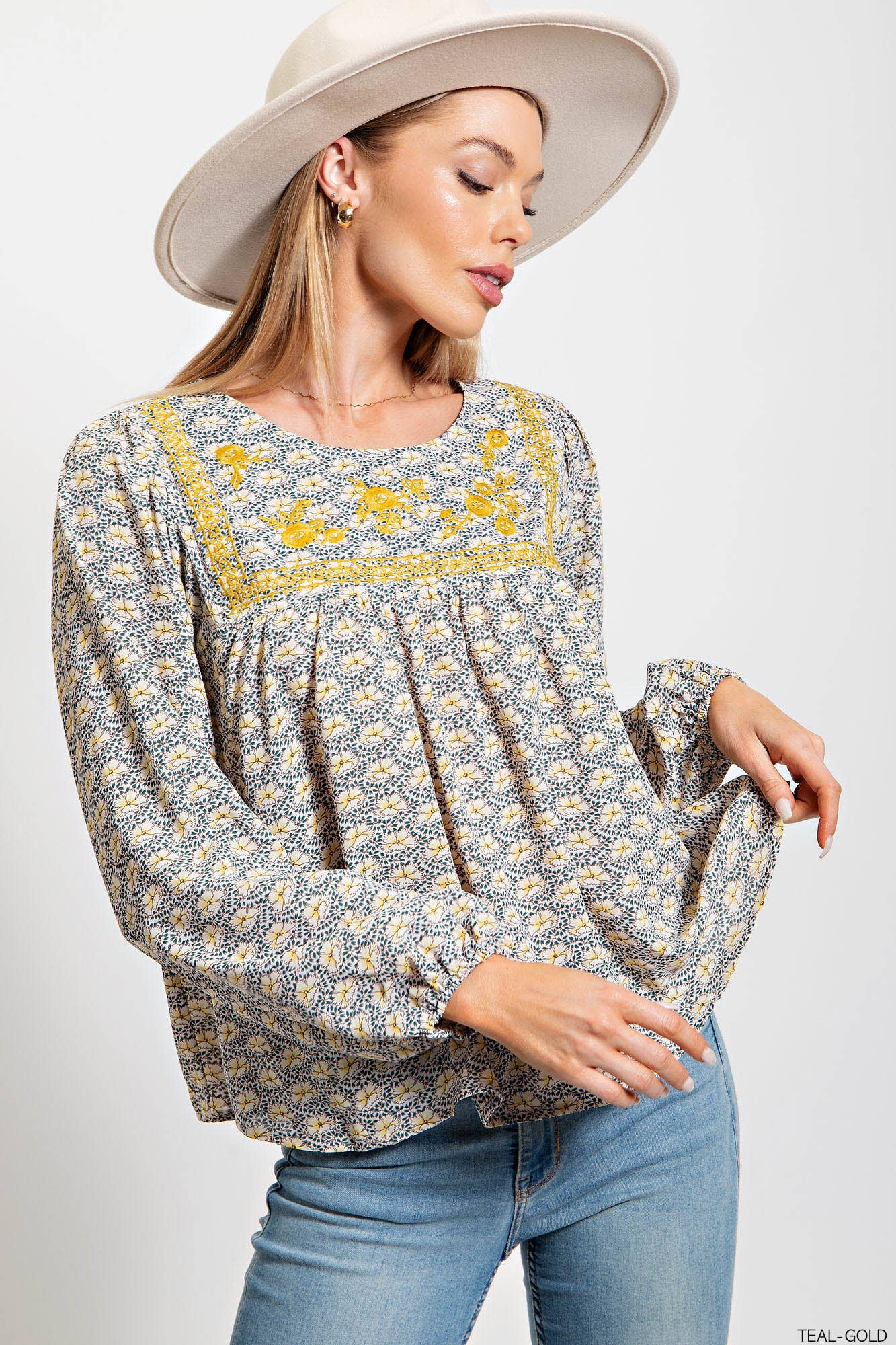 SOFT WOODOBBY PRINTED EMB YORK BUBBLE SLEEVES TOP