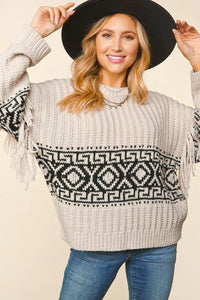 LONG SLEEVE FRINGE TASSEL AZTEC PATTERN