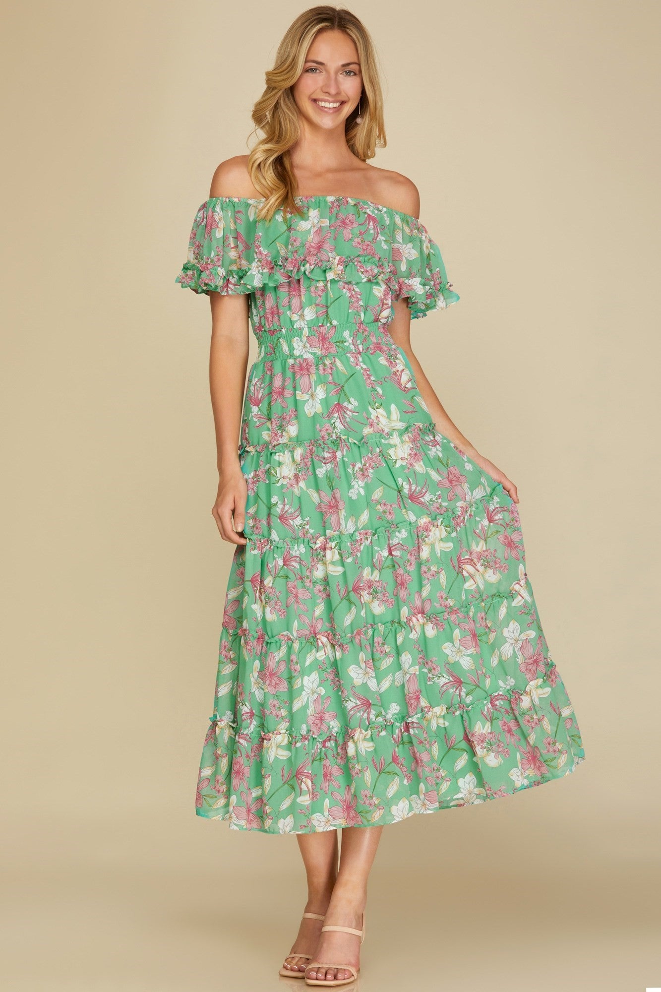 Off Shoulder Ruffled Woven Print Dress