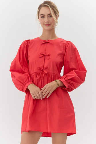 Solid Bow Ties Neck Baby Doll Dress