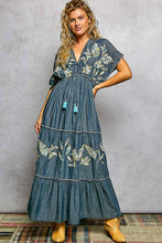 Load image into Gallery viewer, Embroidery Ruffle Neck Loop Cotton Denim V-neck Long Dress