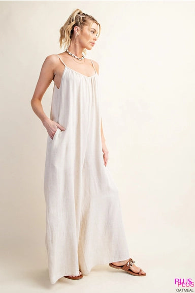 Casual Rayon Linen Fabric Wide Leg Jumpsuit
