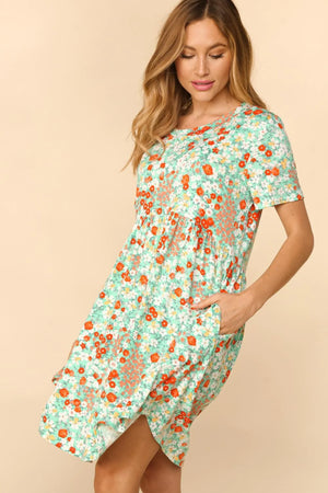 MINT CORAL FLORAL BABYDOLL FIT & FLARE MIDI DRESS