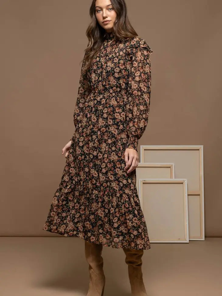 Mock Neck Floral Midi Dress