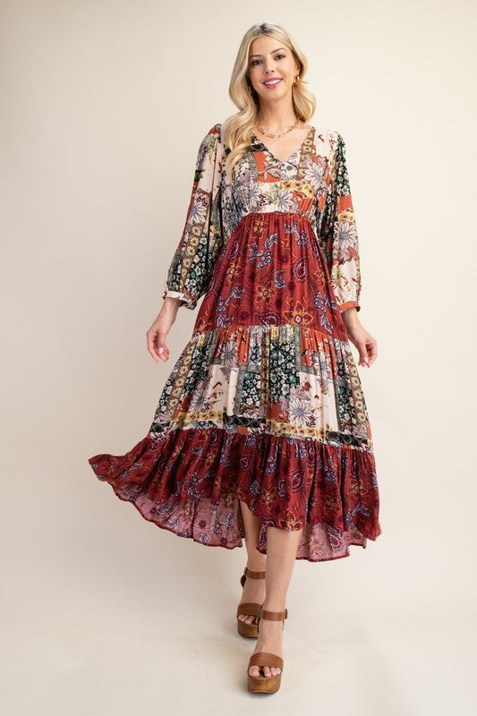 Mixed Print Midi Dress
