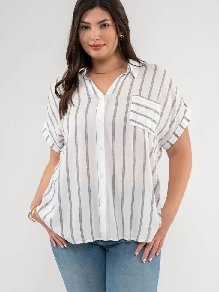 STRIPE ROLL UP SLEEVE TOP