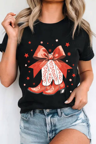 HOWDY CHRISTMAS RIBBON BOW WESTERN BOOTS GRAPHIC TSHIRT