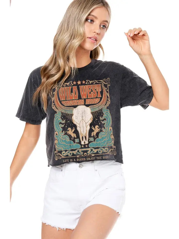 Wild West American Rodeo Graphic S/S Washed Faux Crop Tee