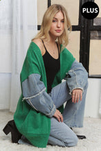 Load image into Gallery viewer, PLUS FRAYED DENIM SLEEVE CARDIGAN