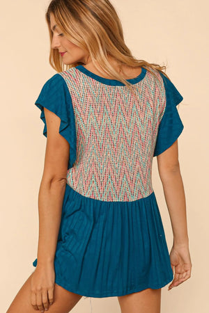 TEAL IVORY MULTI COLOR CHEVRON BABYDOLL RIB TOP