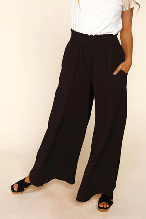 BLACK SMOCKED WAIST WIDE LEG PANTS