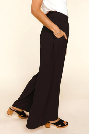 BLACK SMOCKED WAIST WIDE LEG PANTS