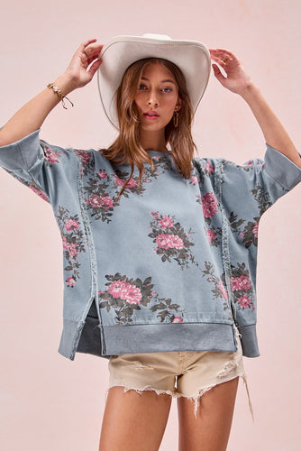 Flower Printed Denim Openseam Detail Short Sleeves