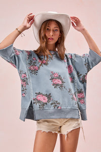 Flower Printed Denim Openseam Detail Short Sleeves