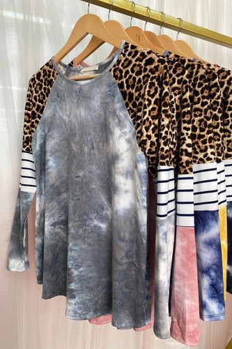 GREY ANIMAL CONTRAST RAGLAN LONG SLEEVE TIEDYE TOP