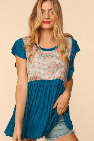 TEAL IVORY MULTI COLOR CHEVRON BABYDOLL RIB TOP