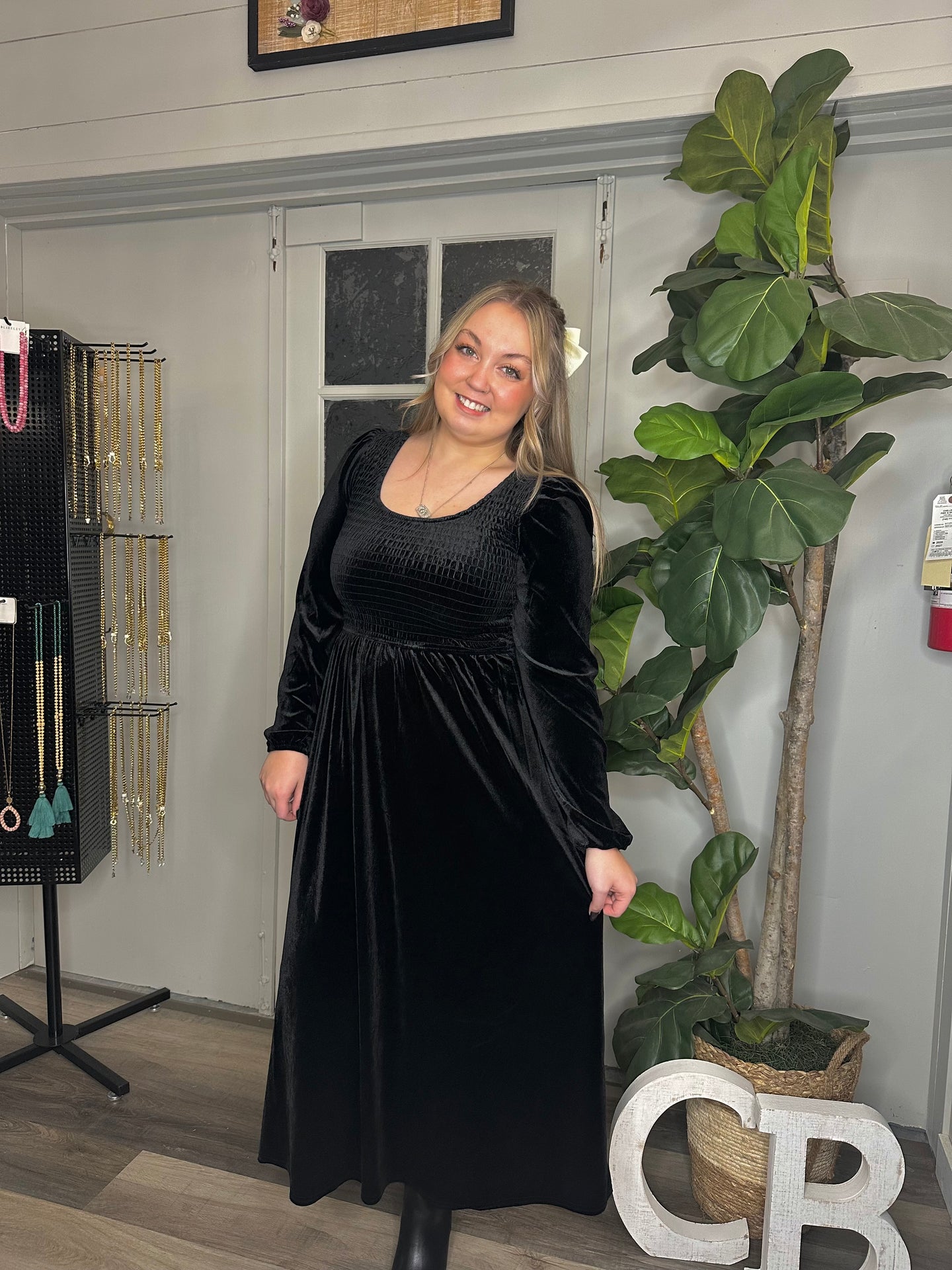 Velvet Smocked Long Sleeve Midi Dress