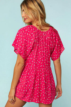 FUCHSIA FLORAL BABYDOLL BUTTON DOWN FLUTTER SLEEVE TOP