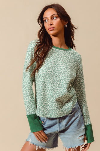 Textured Floral Knit Top With Contrast Cuffs
