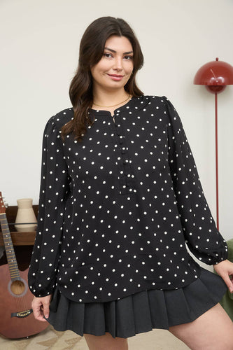 PLUS POLKA DOT HENLEY LONG SLEEVE BLOUSE