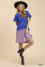Load image into Gallery viewer, Linen Blend Bleach Dip Dye Short Ruffle Sleeve Round Neck Dress with Ruffle Hem