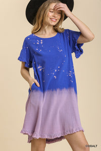 Linen Blend Bleach Dip Dye Short Ruffle Sleeve Round Neck Dress with Ruffle Hem
