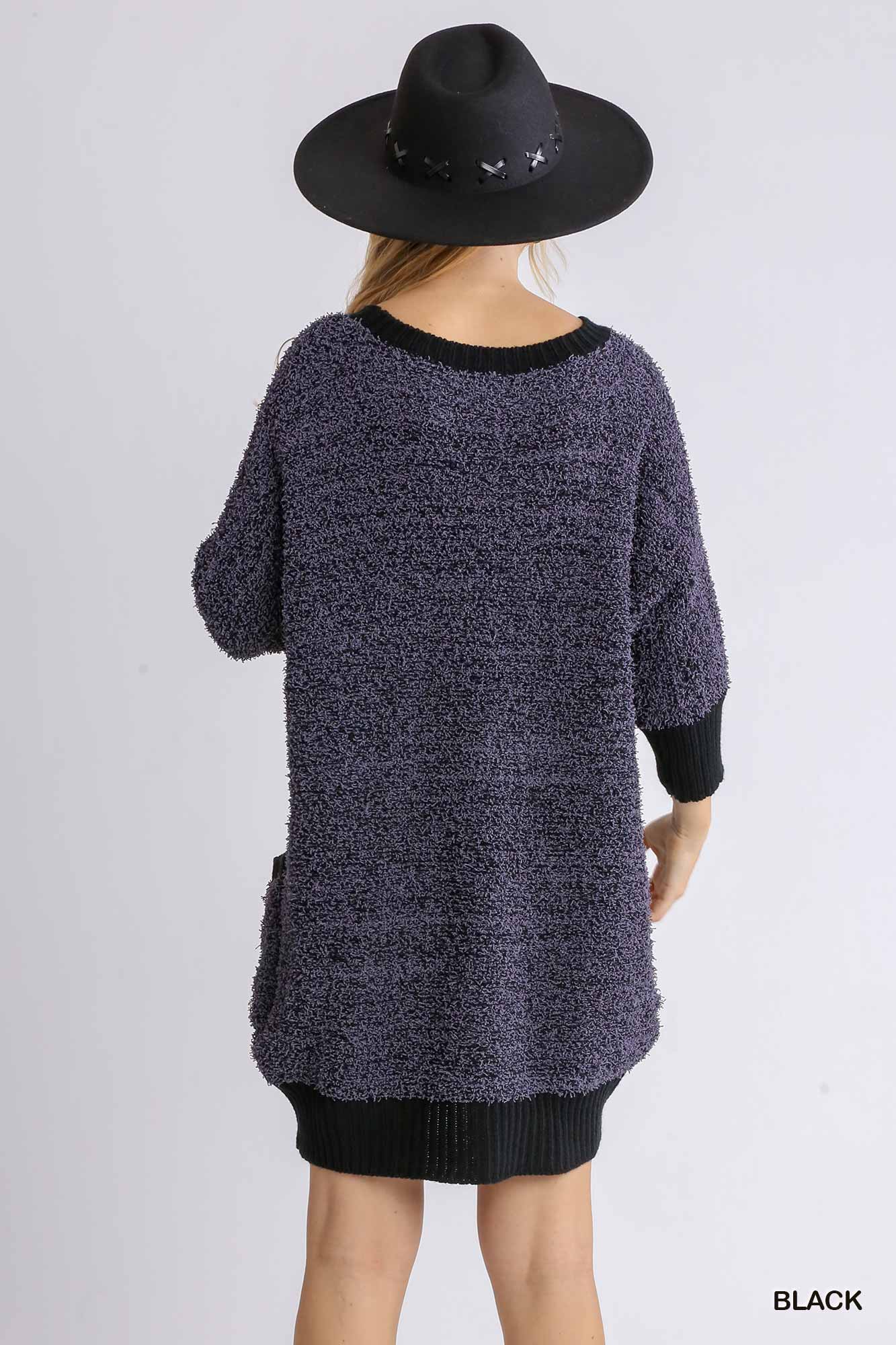 Round Neck 3/4 Sleeve Sweater Dress with Pockets and Ribbed Hem  Cranberry  Boutique