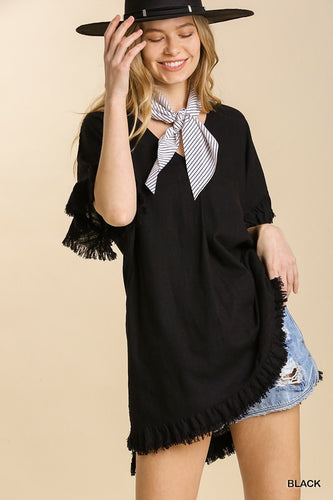 Linen Blend V-Neck Ruffle Sleeve Tunic Top