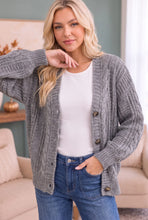 Load image into Gallery viewer, GREY CABLE KNIT BUTTON FRONT CARDIGAN SWEATER