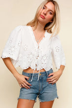 Load image into Gallery viewer, BOW TIE V NECK ELBOW SLEEVE EMBROIDERED EYELET TOP