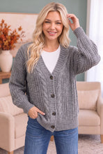 Load image into Gallery viewer, GREY CABLE KNIT BUTTON FRONT CARDIGAN SWEATER