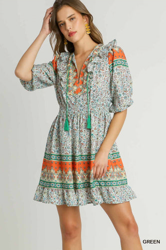 V-Neck Border Print Dress