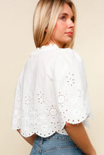 Load image into Gallery viewer, BOW TIE V NECK ELBOW SLEEVE EMBROIDERED EYELET TOP
