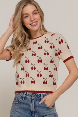 Short Slv Cherry Pattern Sweater