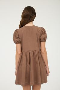 Front Tie Short Puff Sleeve Babydoll Mini Dress