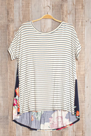 STRIPE BACK FLORAL PRINT CRISS CROSS TOP