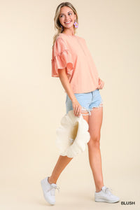 Mixed Print Half Button Down Top with Stripe Batwing Sleeves