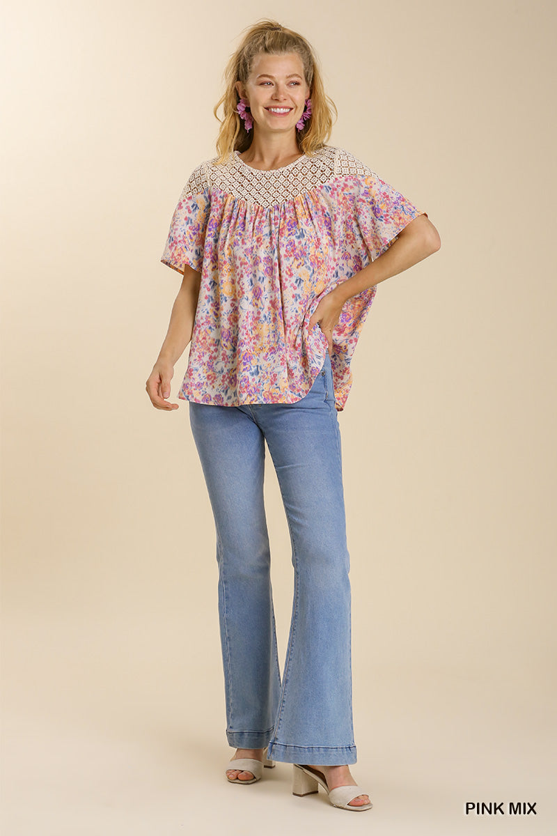 Floral Print Lace Trim Detail Short Sleeve Top