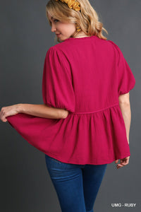 Cotton Gauze Floral Embroidery BabyDoll Top