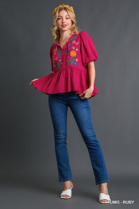 Cotton Gauze Floral Embroidery BabyDoll Top