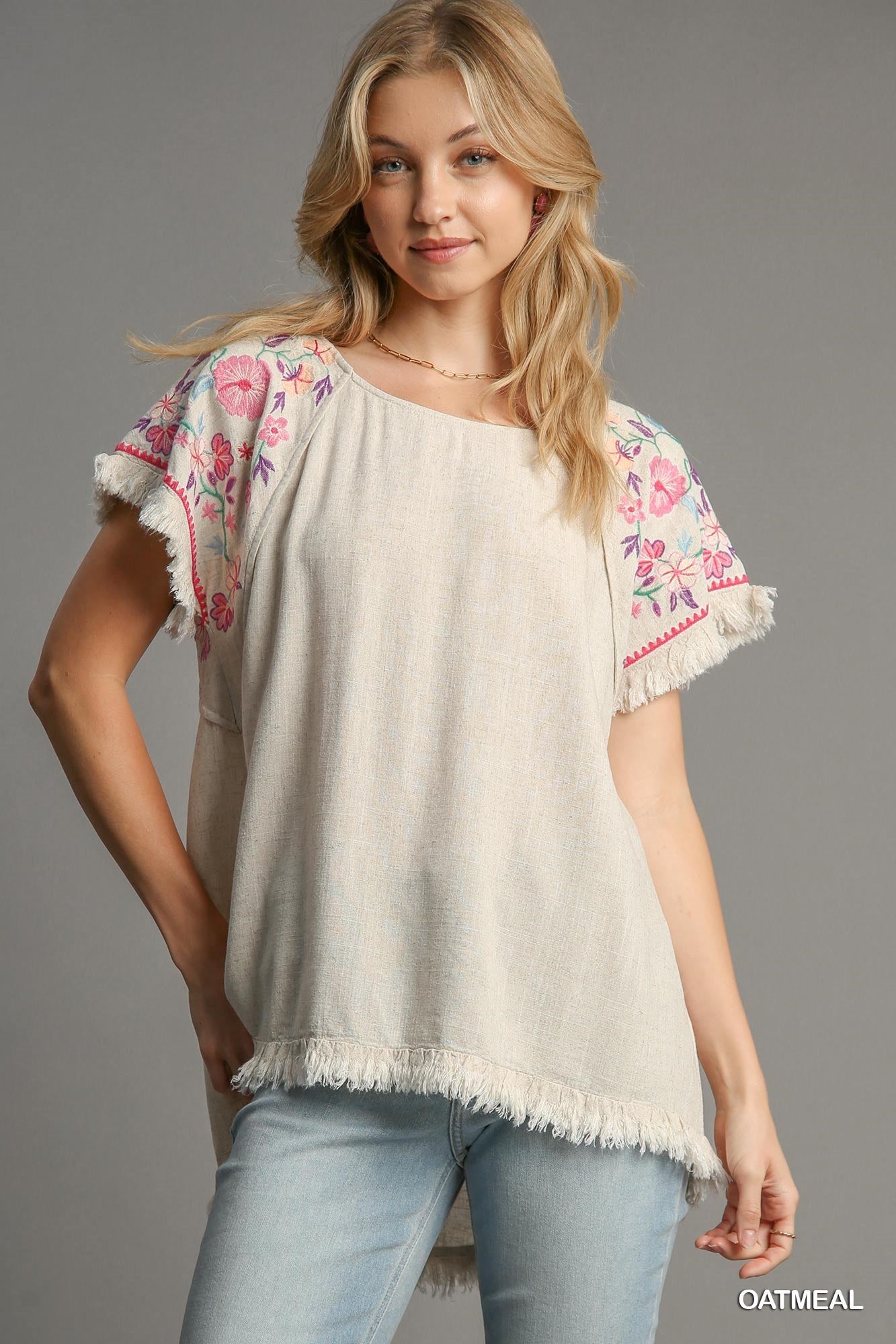 Linen Round Neck High Low Hem Frayed Top