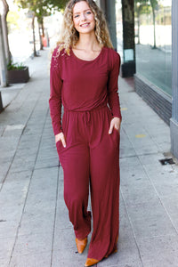Burgundy Solid Pocketed Jump Suit